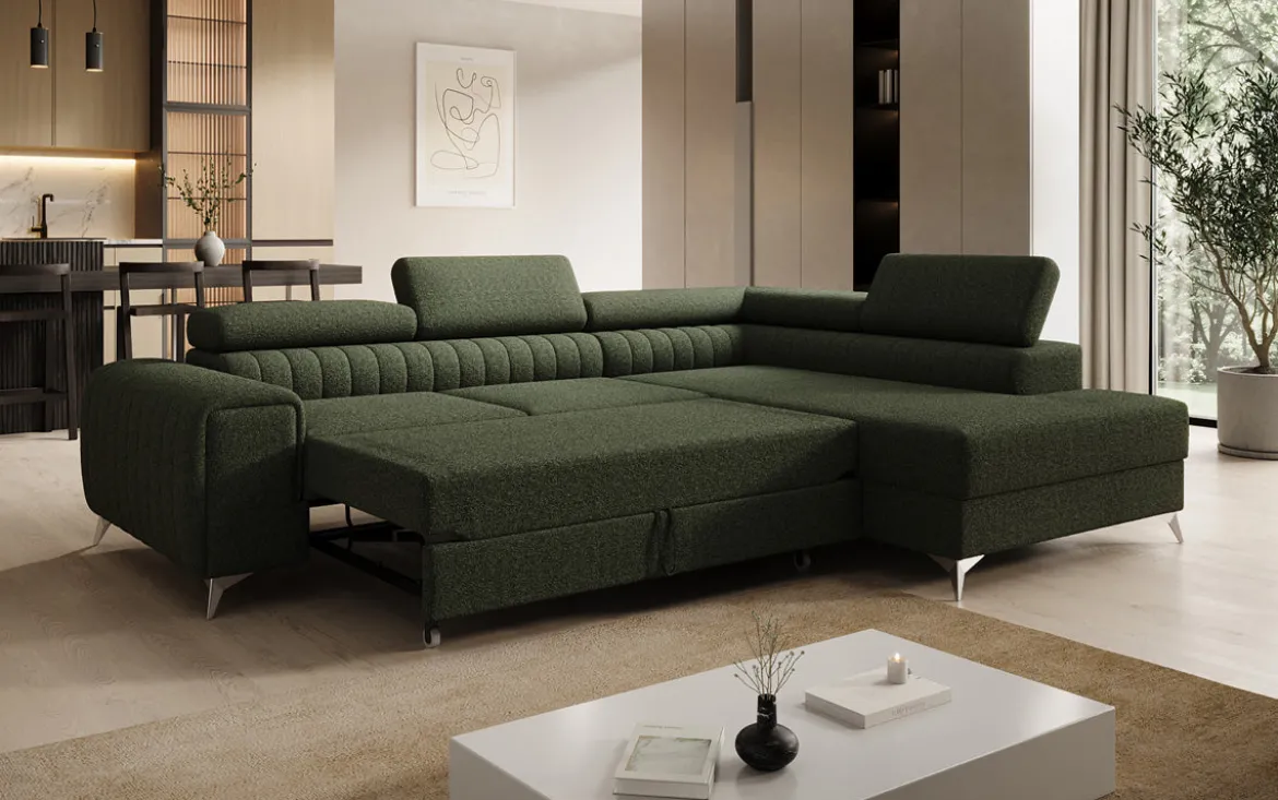Designer Ecksofa Aurea mit Schlaf- und Klappfunktion in Bouclé