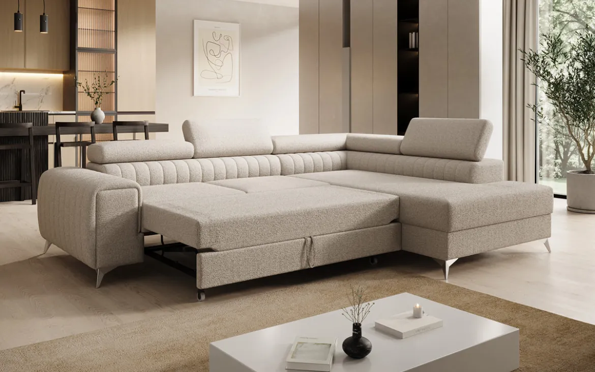 Designer Ecksofa Aurea mit Schlaf- und Klappfunktion in Bouclé
