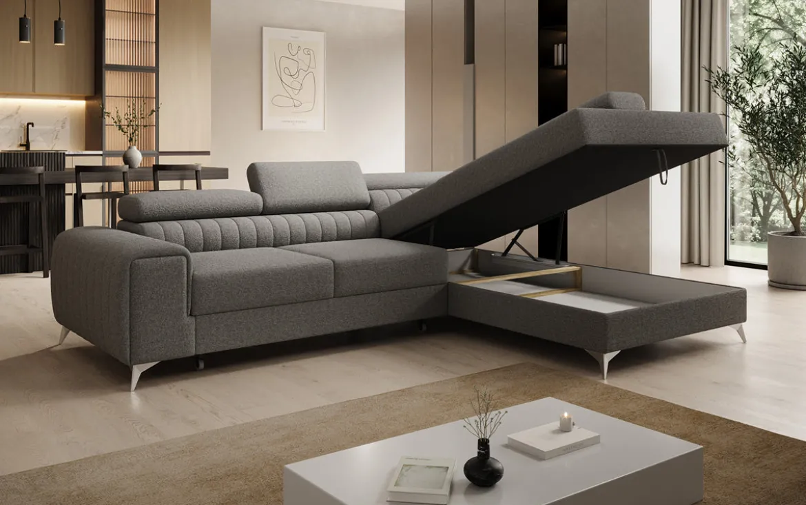 Designer Ecksofa Aurea mit Schlaf- und Klappfunktion in Bouclé