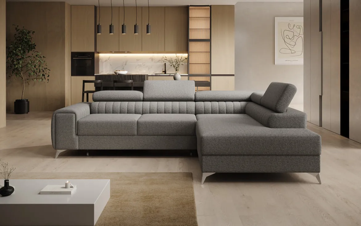 Designer Ecksofa Aurea mit Schlaf- und Klappfunktion in Bouclé