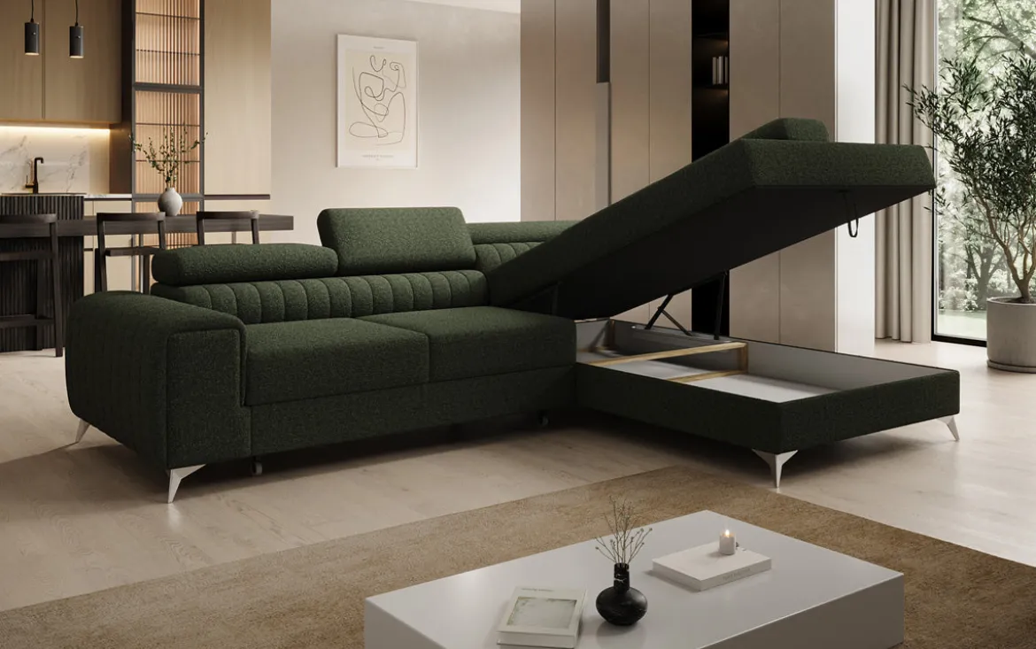Designer Ecksofa Aurea mit Schlaf- und Klappfunktion in Bouclé