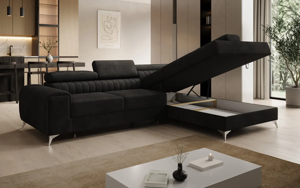 Designer Ecksofa Aurea mit Schlaf- und Klappfunktion in Samt