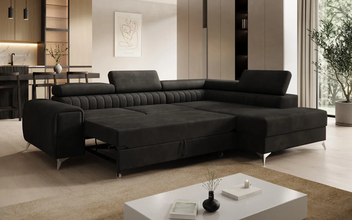 Designer Ecksofa Aurea mit Schlaf- und Klappfunktion in Samt