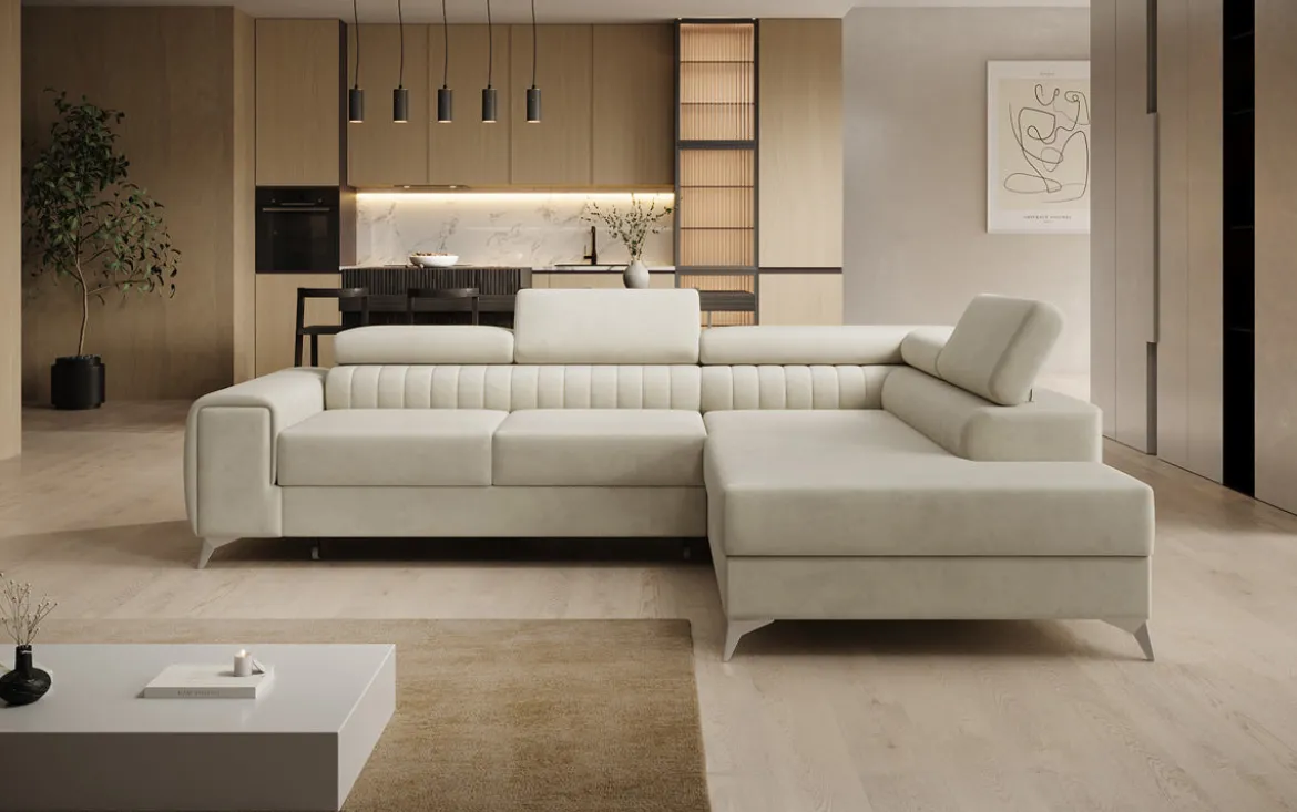 Designer Ecksofa Aurea mit Schlaf- und Klappfunktion in Samt