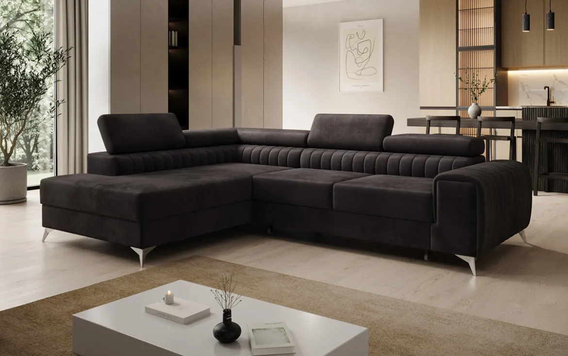 Designer Ecksofa Aurea mit Schlaf- und Klappfunktion in Samt