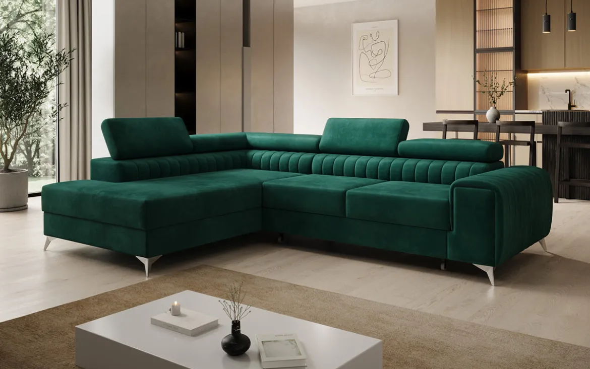 Designer Ecksofa Aurea mit Schlaf- und Klappfunktion in Samt