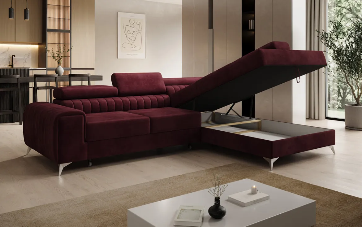 Designer Ecksofa Aurea mit Schlaf- und Klappfunktion in Samt