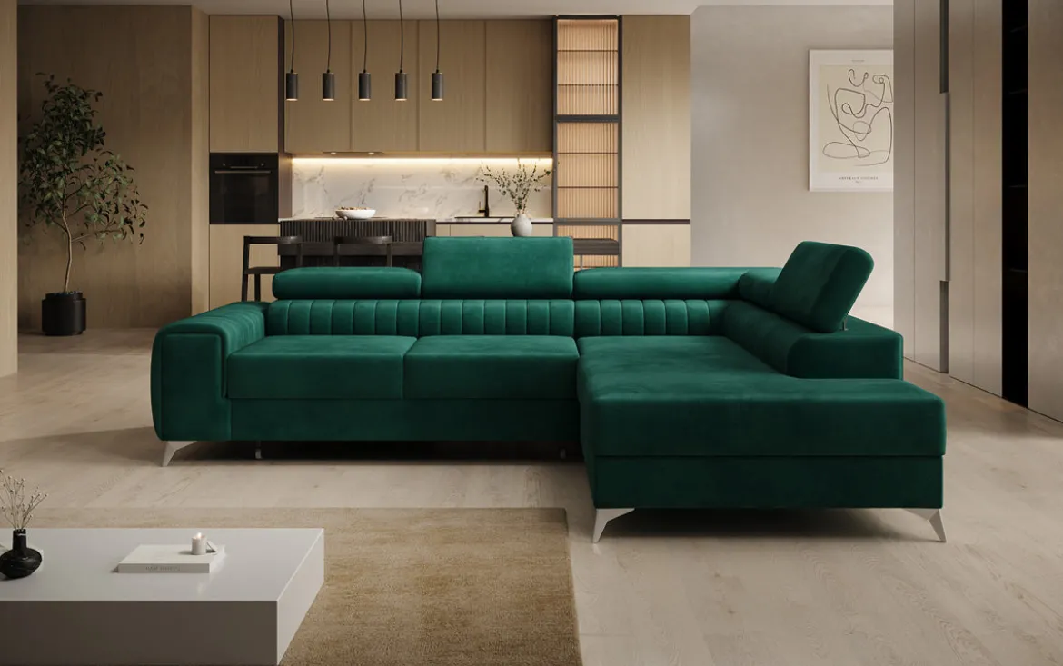 Designer Ecksofa Aurea mit Schlaf- und Klappfunktion in Samt
