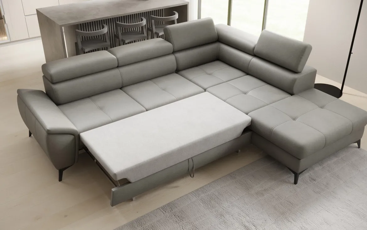 Designer Ecksofa Aveline mit Schlaffunktion und Stauraum in Echtleder