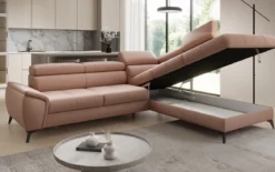 Designer Ecksofa Aveline mit Schlaffunktion und Stauraum in Echtleder