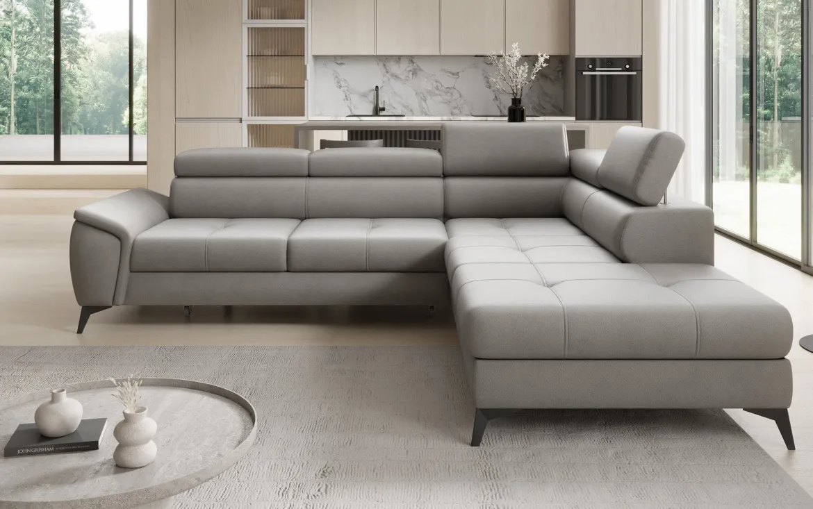 Designer Ecksofa Aveline mit Schlaffunktion und Stauraum in Echtleder