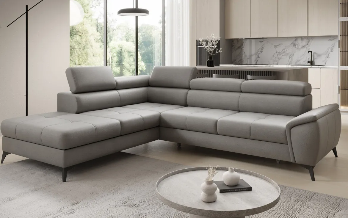 Designer Ecksofa Aveline mit Schlaffunktion und Stauraum in Echtleder