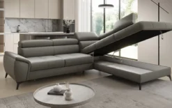 Designer Ecksofa Aveline mit Schlaffunktion und Stauraum in Echtleder