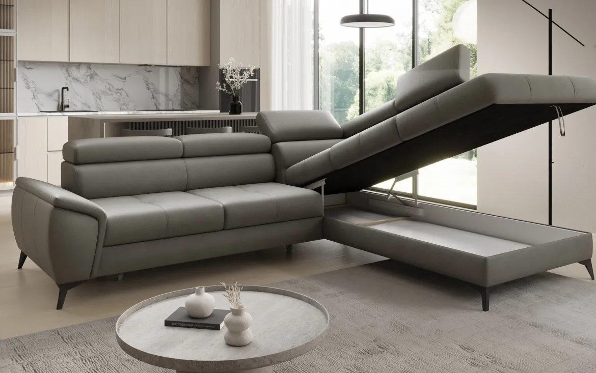 Designer Ecksofa Aveline mit Schlaffunktion und Stauraum in Echtleder