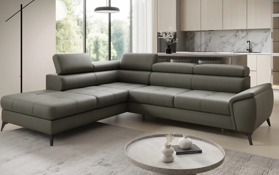 Designer Ecksofa Aveline mit Schlaffunktion und Stauraum in Echtleder