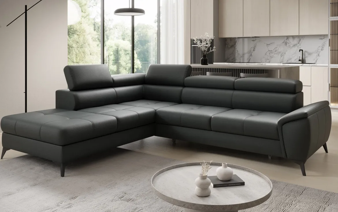 Designer Ecksofa Aveline mit Schlaffunktion und Stauraum in Echtleder