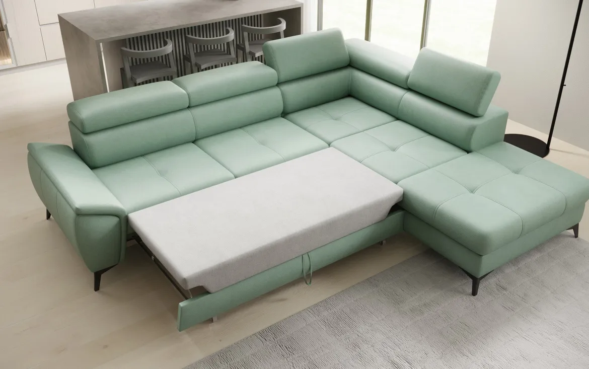 Designer Ecksofa Aveline mit Schlaffunktion und Stauraum in Echtleder
