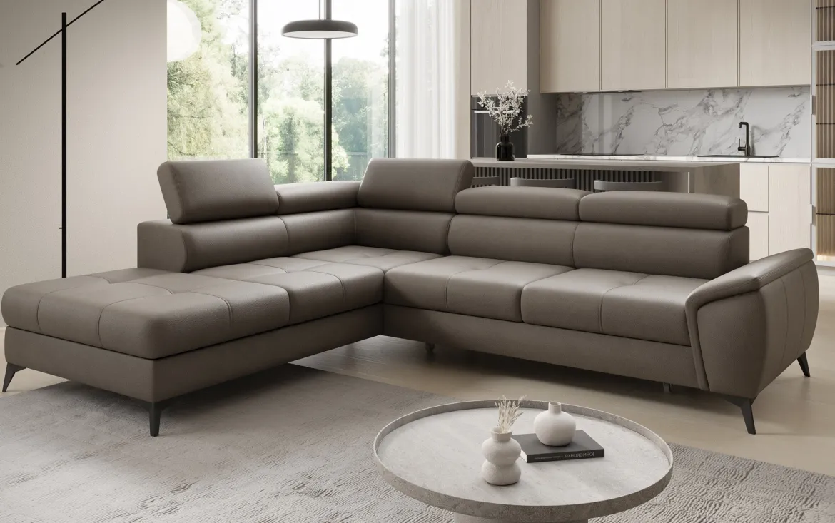 Designer Ecksofa Aveline mit Schlaffunktion und Stauraum in Echtleder