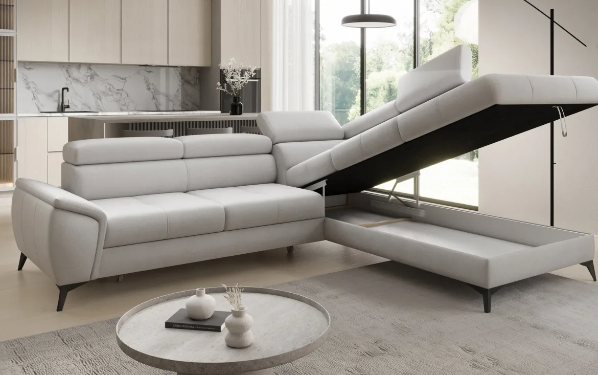 Designer Ecksofa Aveline mit Schlaffunktion und Stauraum in Echtleder