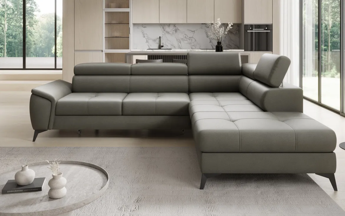 Designer Ecksofa Aveline mit Schlaffunktion und Stauraum in Echtleder