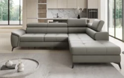Designer Ecksofa Aveline mit Schlaffunktion und Stauraum in Echtleder