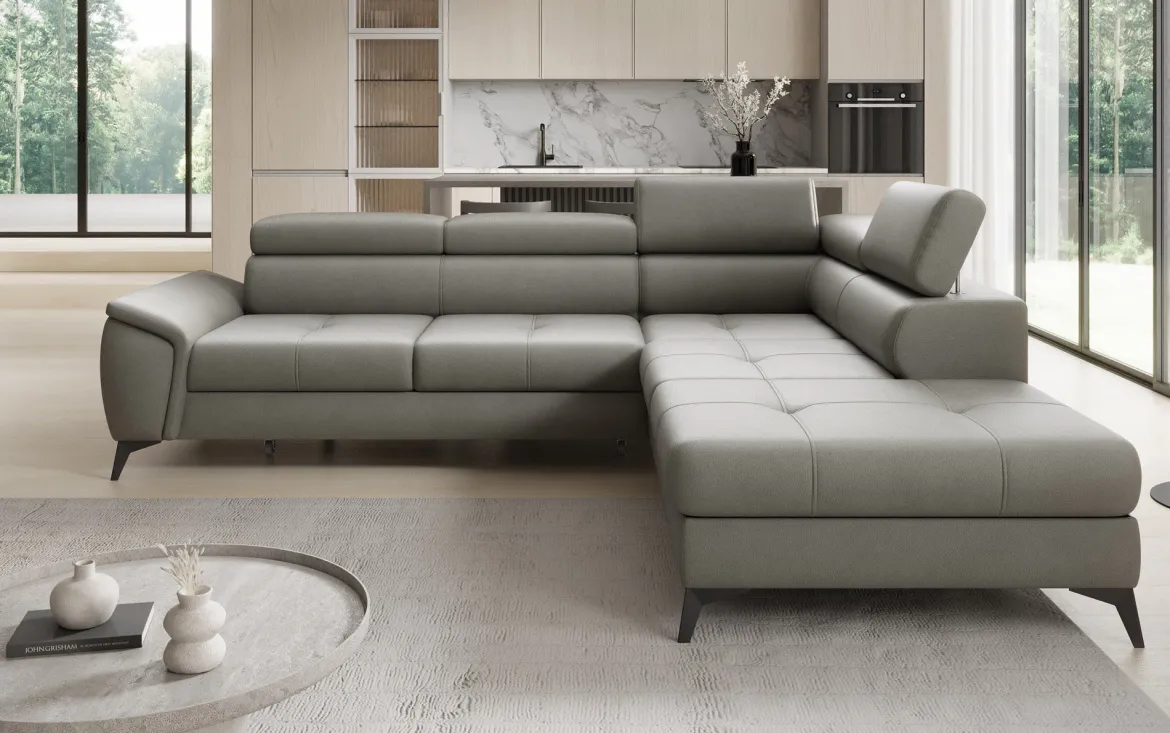 Designer Ecksofa Aveline mit Schlaffunktion und Stauraum in Echtleder