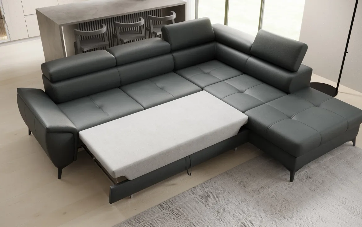 Designer Ecksofa Aveline mit Schlaffunktion und Stauraum in Echtleder