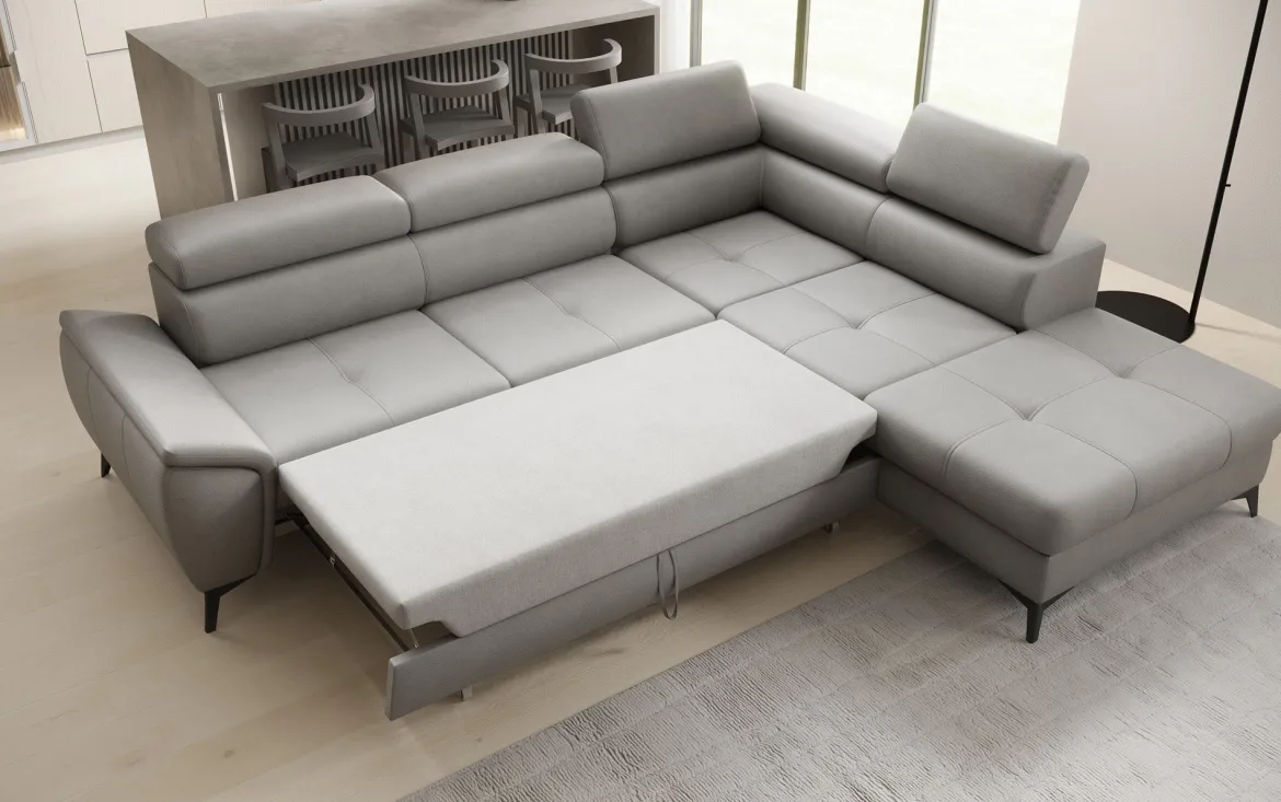 Designer Ecksofa Aveline mit Schlaffunktion und Stauraum in Echtleder