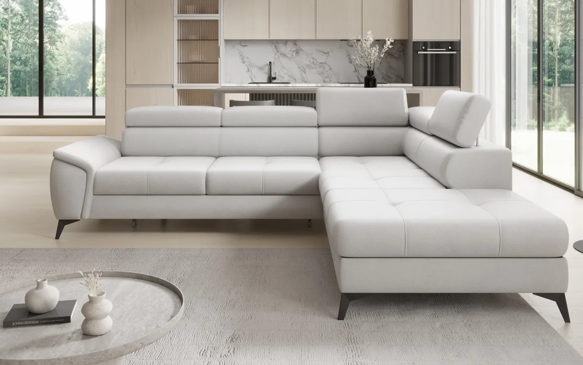Designer Ecksofa Aveline mit Schlaffunktion und Stauraum in Echtleder