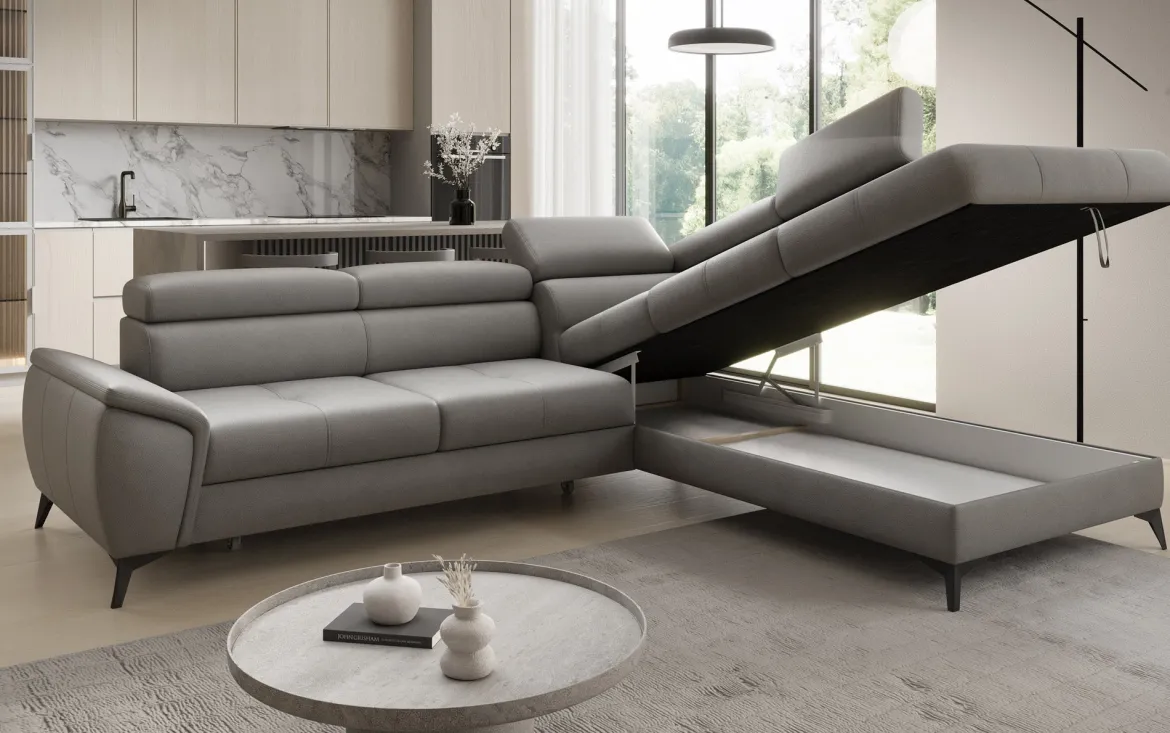 Designer Ecksofa Aveline mit Schlaffunktion und Stauraum in Echtleder