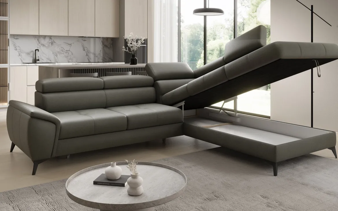 Designer Ecksofa Aveline mit Schlaffunktion und Stauraum in Echtleder