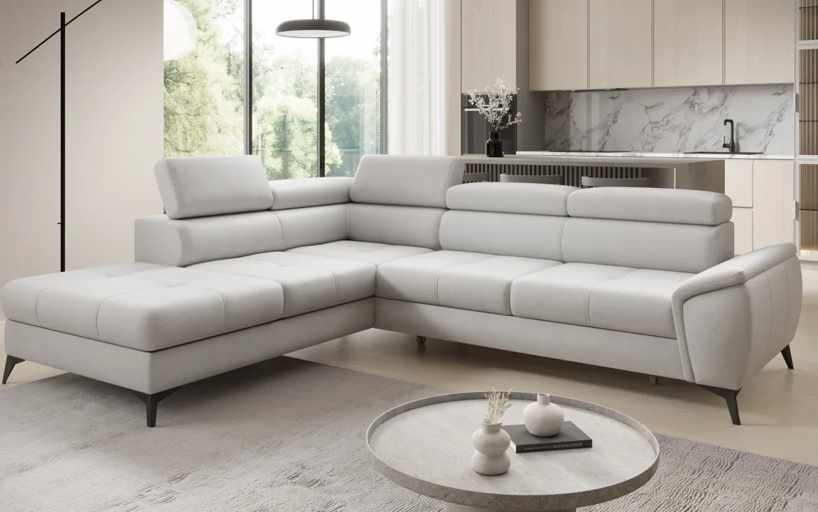 Designer Ecksofa Aveline mit Schlaffunktion und Stauraum in Echtleder
