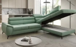 Designer Ecksofa Aveline mit Schlaffunktion und Stauraum in Echtleder