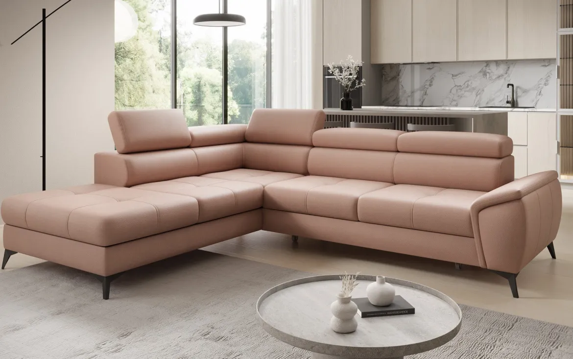 Designer Ecksofa Aveline mit Schlaffunktion und Stauraum in Echtleder
