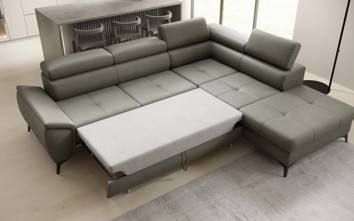 Designer Ecksofa Aveline mit Schlaffunktion und Stauraum in Echtleder