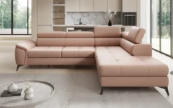 Designer Ecksofa Aveline mit Schlaffunktion und Stauraum in Echtleder