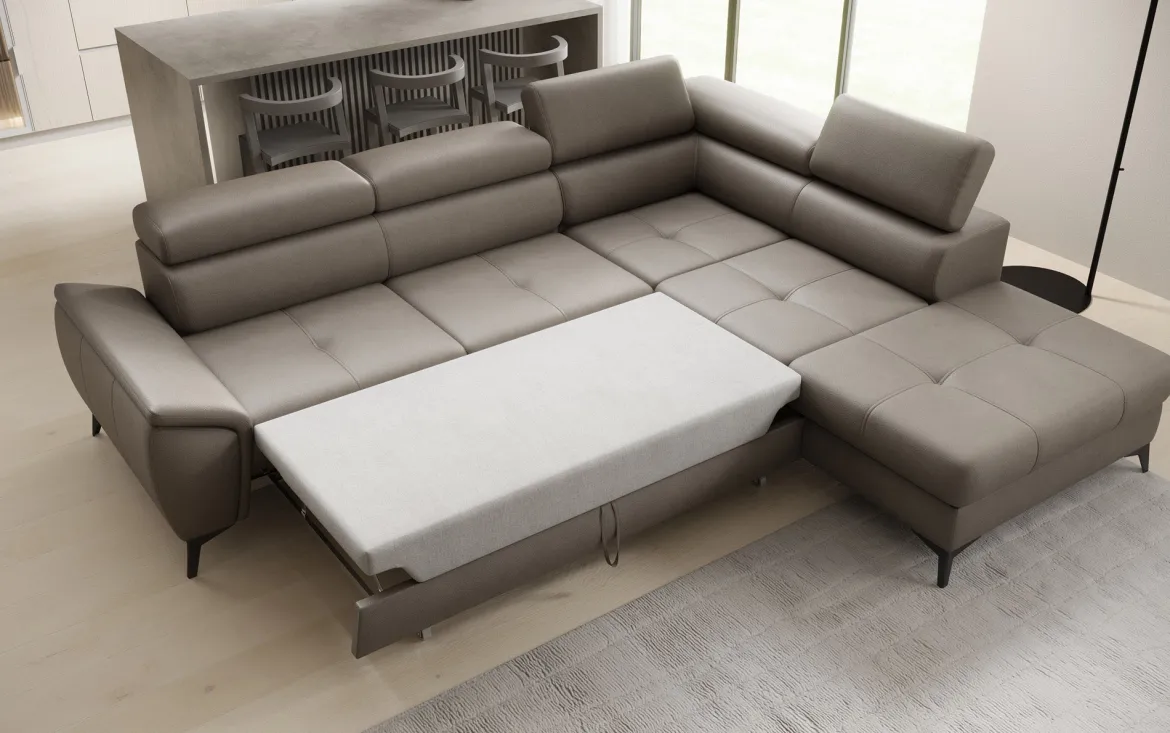 Designer Ecksofa Aveline mit Schlaffunktion und Stauraum in Echtleder