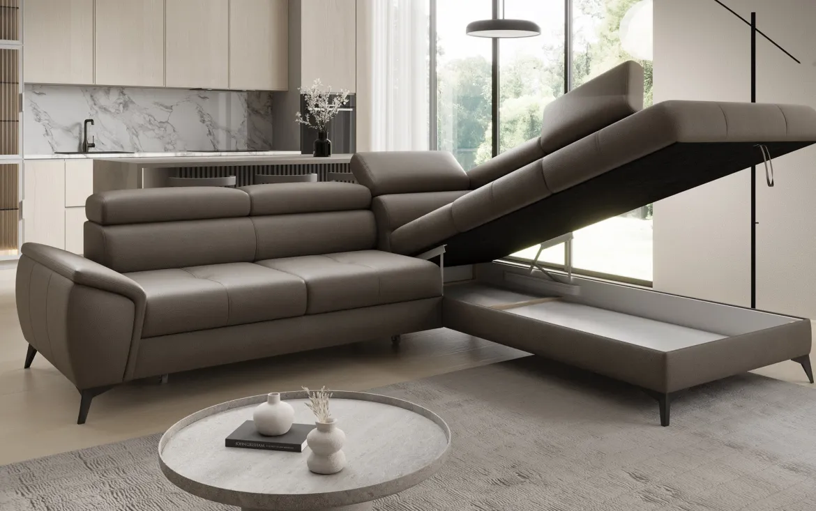 Designer Ecksofa Aveline mit Schlaffunktion und Stauraum in Echtleder