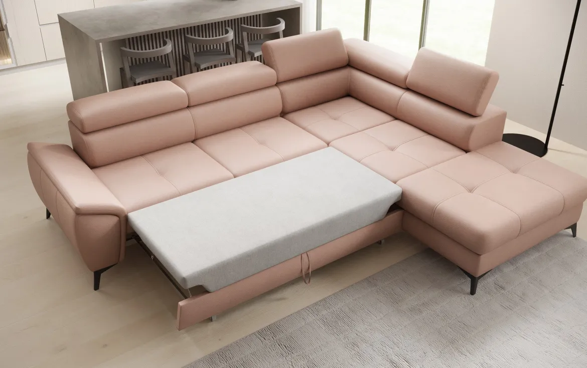 Designer Ecksofa Aveline mit Schlaffunktion und Stauraum in Echtleder