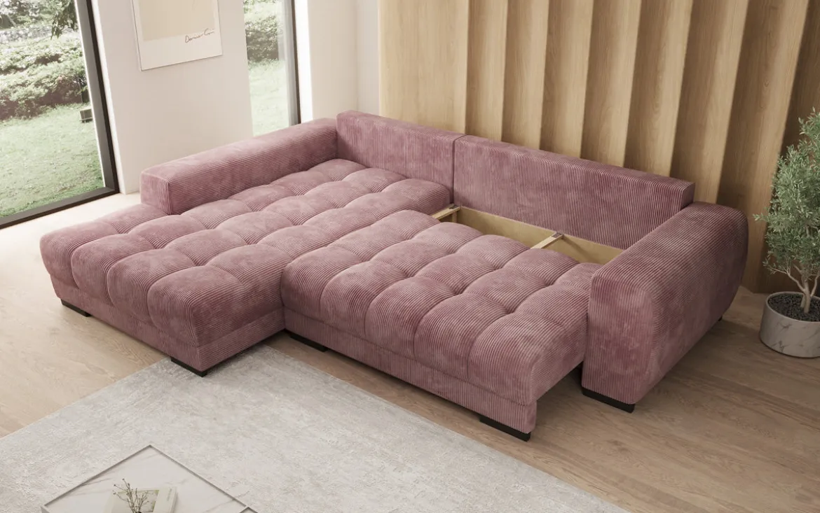 Designer Ecksofa Balu mit Schlaffunktion und Stauraum in Cord