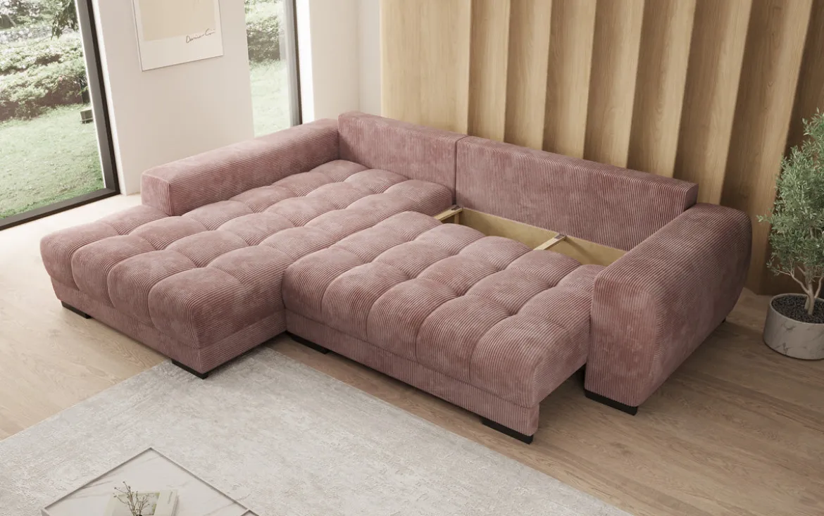 Designer Ecksofa Balu mit Schlaffunktion und Stauraum in Cord