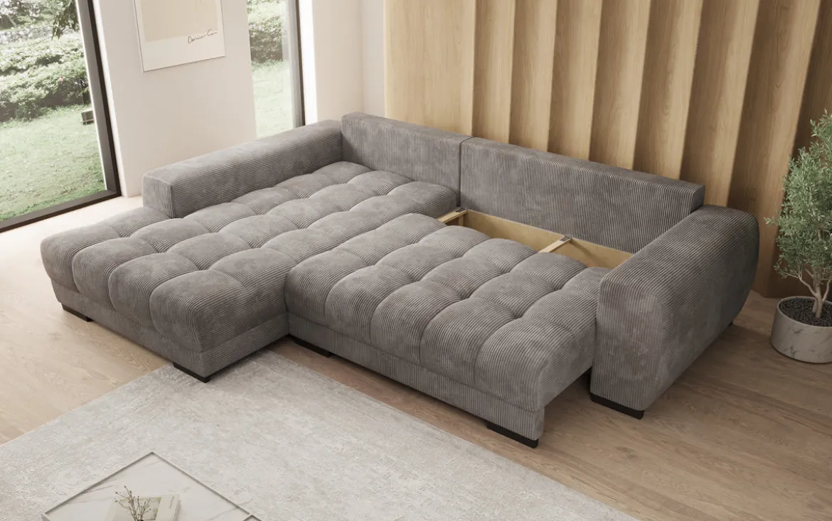 Designer Ecksofa Balu mit Schlaffunktion und Stauraum in Cord