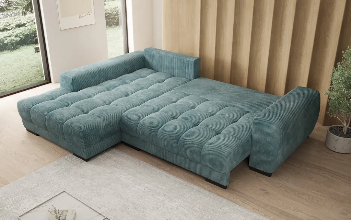 Designer Ecksofa Balu mit Schlaffunktion und Stauraum in Cord