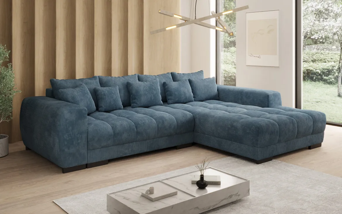 Designer Ecksofa Balu mit Schlaffunktion und Stauraum in Cord