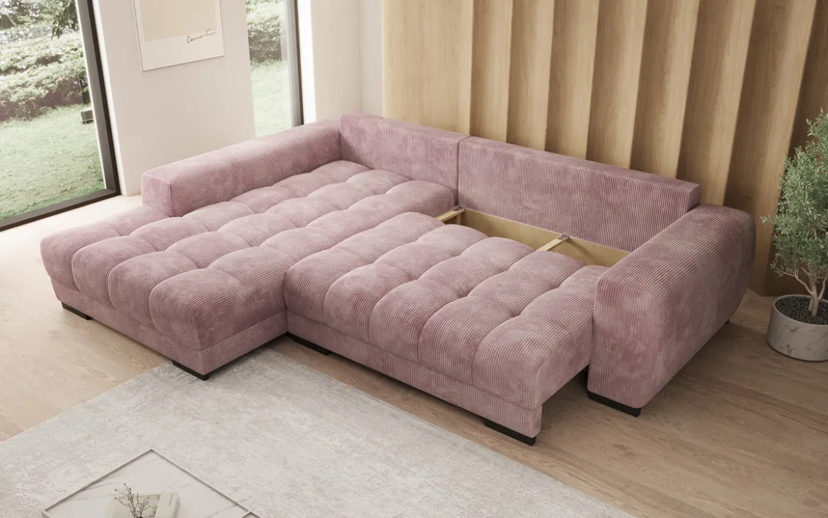 Designer Ecksofa Balu mit Schlaffunktion und Stauraum in Cord
