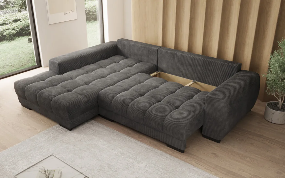 Designer Ecksofa Balu mit Schlaffunktion und Stauraum in Cord