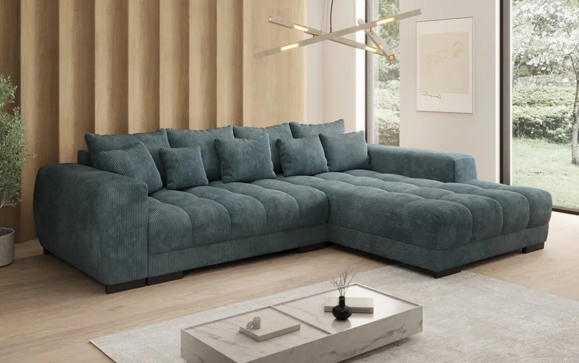 Designer Ecksofa Balu mit Schlaffunktion und Stauraum in Cord