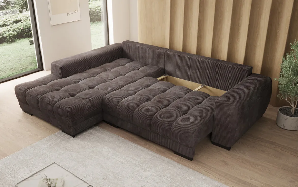 Designer Ecksofa Balu mit Schlaffunktion und Stauraum in Cord
