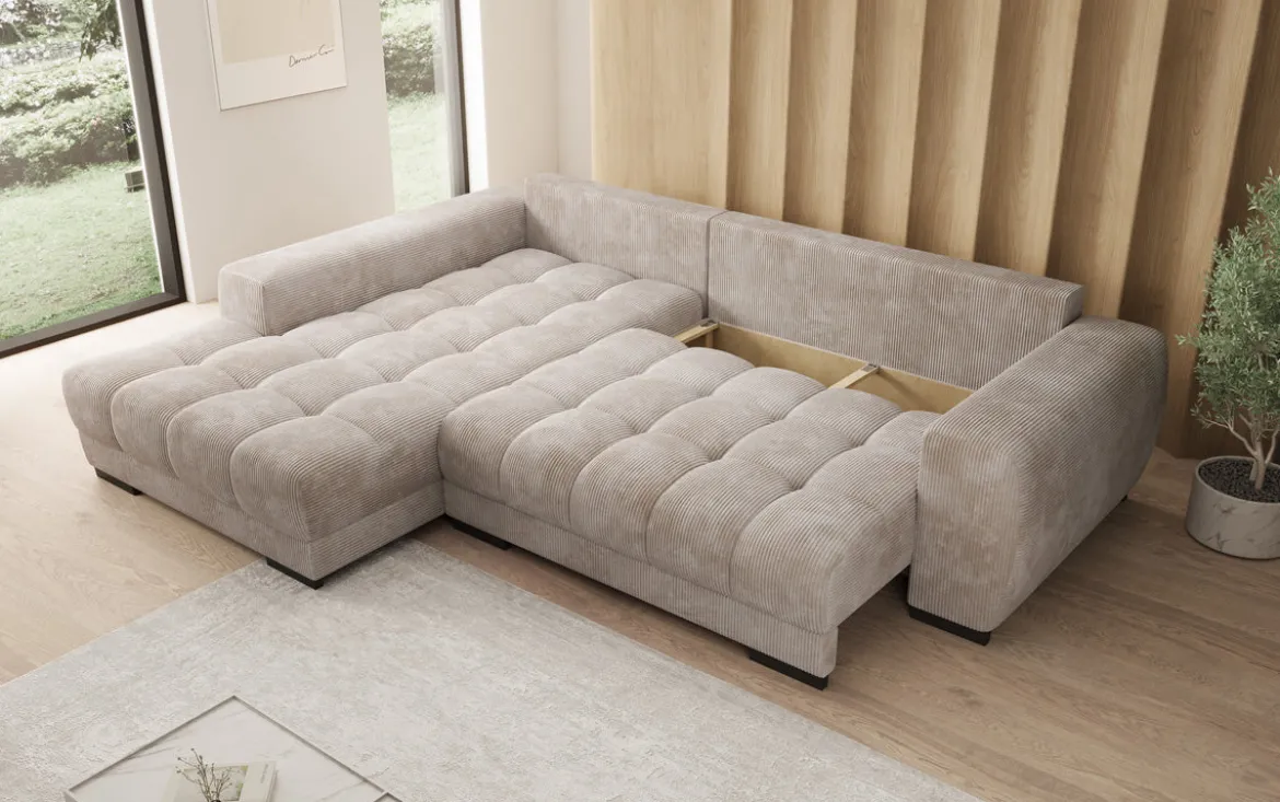 Designer Ecksofa Balu mit Schlaffunktion und Stauraum in Cord