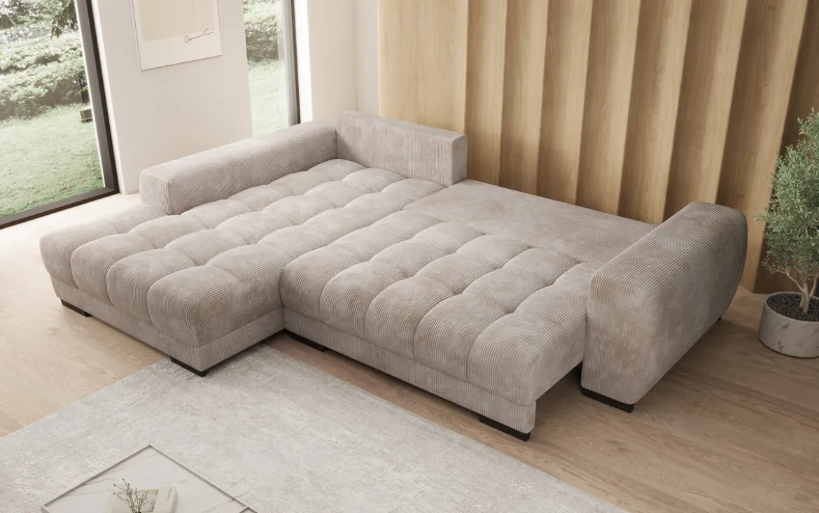 Designer Ecksofa Balu mit Schlaffunktion und Stauraum in Cord